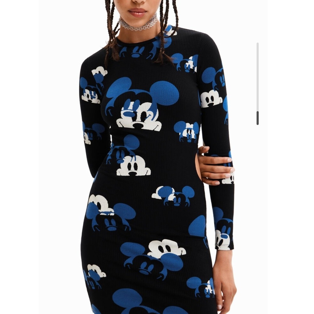 Desigual Mickey Mouse Dress Womens XL Black Blue NEW Ribbed Cut Out Long Sleeve